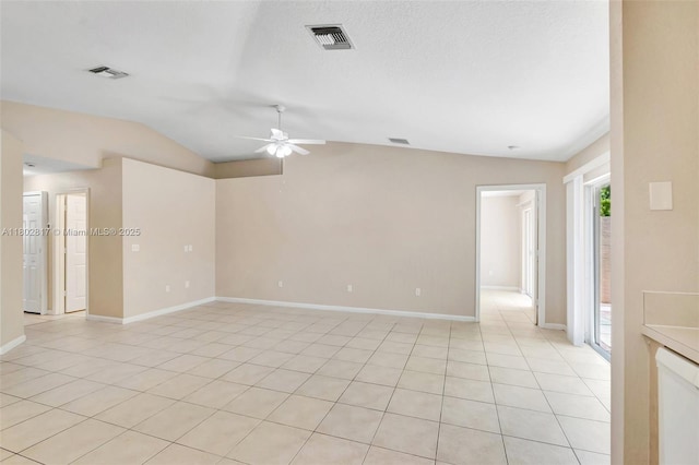 6077 Azalea Cir, West Palm Beach, FL 33415 - empty room with lofted ceiling, a ceiling fan, light tile patterned floors, and baseboards
