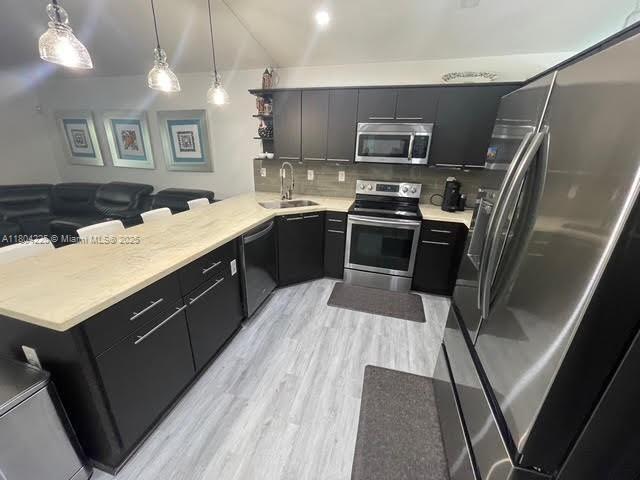 17201 SW 143rd Ct, Miami, FL 33177 - kitchen with appliances with stainless steel finishes, a sink, a peninsula, dark cabinetry, and light countertops