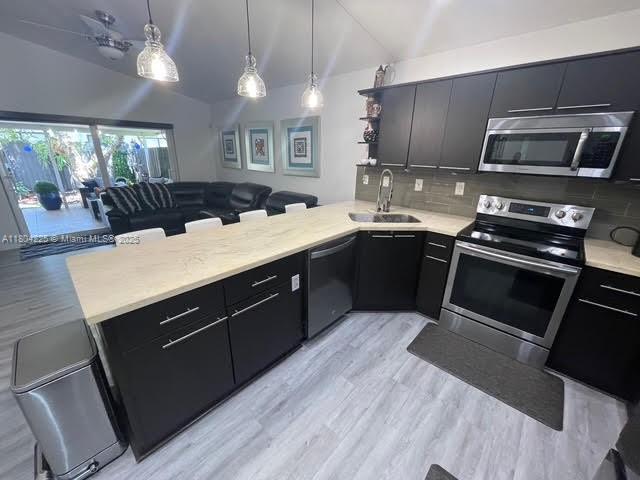 17201 SW 143rd Ct, Miami, FL 33177 - kitchen with appliances with stainless steel finishes, a sink, vaulted ceiling, dark cabinetry, and light countertops
