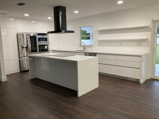 3321 SW 110th Ave, Miami, FL 33165 - kitchen with modern cabinets, appliances with stainless steel finishes, island range hood, a sink, and open shelves