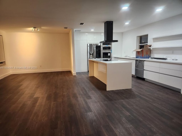 3321 SW 110th Ave, Miami, FL 33165 - kitchen with modern cabinets, island exhaust hood, stainless steel appliances, dark wood-style floors, and a kitchen island