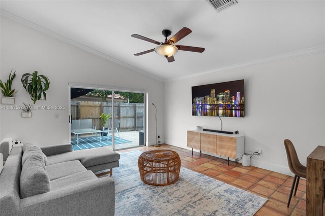 1903 SW 180th Ter, Miramar, FL 33029 - living area featuring ceiling fan, lofted ceiling, crown molding, baseboards, and tile patterned flooring