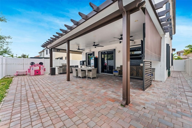 3531 W 104th Ter, Hialeah, FL 33018 - fenced backyard with a ceiling fan, a patio area, and outdoor dining area