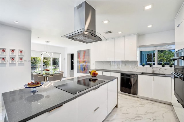 626 S 13th Ave, Hollywood, FL 33019 - kitchen featuring island range hood, black appliances, a sink, modern cabinets, and light marble finish flooring