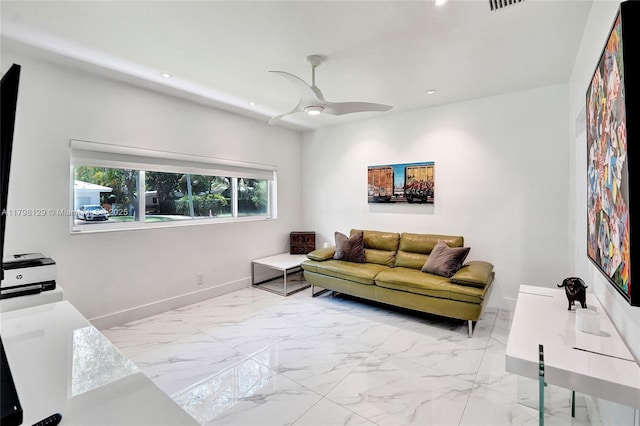 626 S 13th Ave, Hollywood, FL 33019 - living room featuring baseboards, recessed lighting, light marble finish floors, and ceiling fan