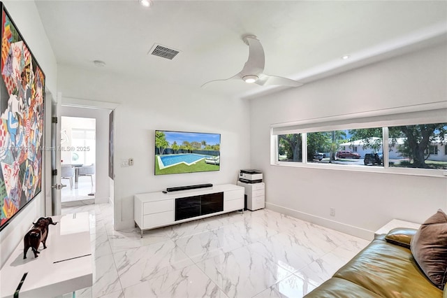 626 S 13th Ave, Hollywood, FL 33019 - living area featuring marble finish flooring, baseboards, a ceiling fan, and recessed lighting