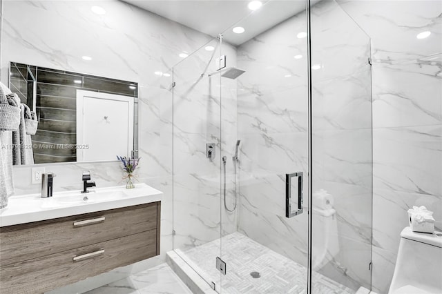 626 S 13th Ave, Hollywood, FL 33019 - bathroom with marble tiled floors, vanity, a marble finish shower, recessed lighting, and toilet