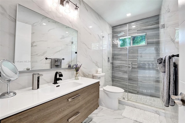 626 S 13th Ave, Hollywood, FL 33019 - bathroom with marble finish flooring, a stall shower, toilet, tile walls, and vanity