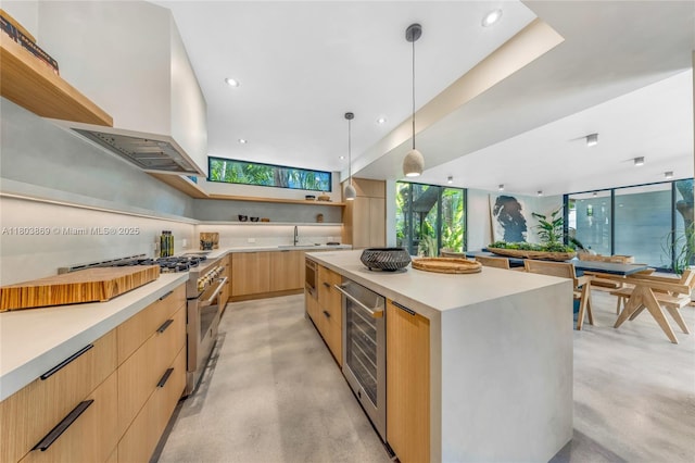 1000 NW 9th Ct, Miami, FL 33136 - kitchen featuring beverage cooler, open shelves, finished concrete flooring, stainless steel stove, and modern cabinets