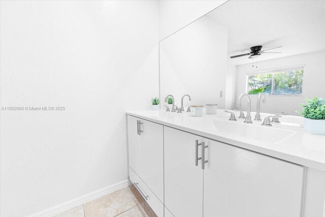 3420 N Pinewalk Dr N Unit 713, Margate, FL 33063 - bathroom featuring ceiling fan, baseboards, double vanity, and tile patterned flooring