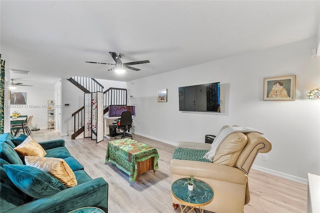718 NW 98th Cir Unit 718, Plantation, FL 33324 - living area with ceiling fan, stairway, light wood-type flooring, and baseboards