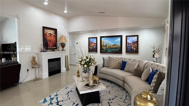 14620 SW 151st Ter, Miami, FL 33186 - living area featuring vaulted ceiling, a glass covered fireplace, light tile patterned floors, and recessed lighting
