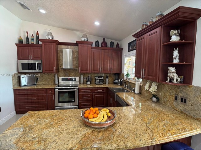 14620 SW 151st Ter, Miami, FL 33186 - kitchen featuring stainless steel appliances, wall chimney range hood, a sink, dark brown cabinets, and open shelves