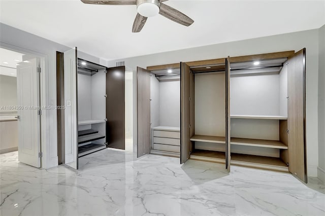 2807 NE 164th St Unit 2, North Miami Beach, FL 33160 - unfurnished bedroom featuring marble tiled flooring, recessed lighting, a ceiling fan, ensuite bath, and baseboards