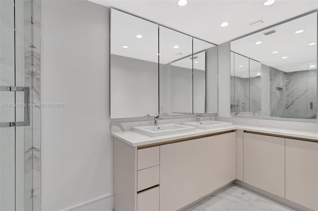 2807 NE 164th St Unit 2, North Miami Beach, FL 33160 - bathroom with marble finish flooring, a marble finish shower, recessed lighting, and double vanity