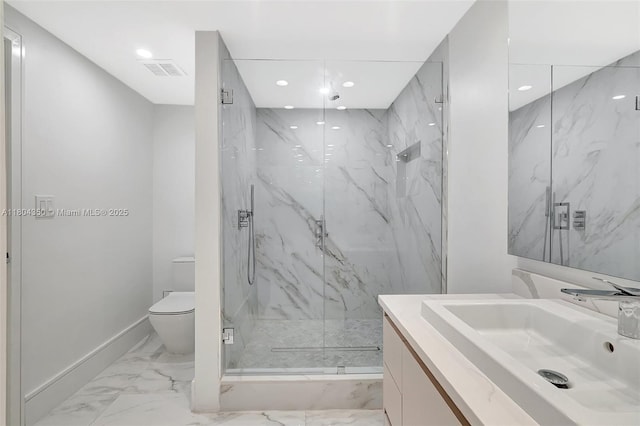 2807 NE 164th St Unit 2, North Miami Beach, FL 33160 - full bathroom featuring vanity, a marble finish shower, toilet, marble finish flooring, and recessed lighting