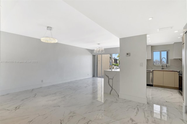 2807 NE 164th St Unit 2, North Miami Beach, FL 33160 - unfurnished living room with baseboards, a chandelier, light marble finish floors, recessed lighting, and a sink