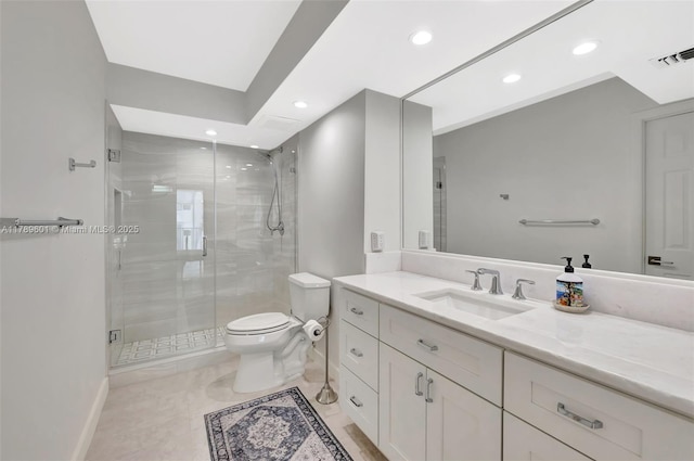 800 SE 20th Ave Unit 303, Deerfield Beach, FL 33441 - full bathroom with recessed lighting, a stall shower, toilet, vanity, and baseboards
