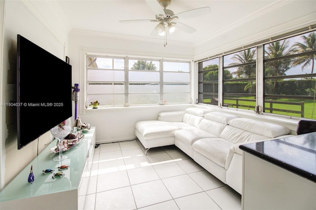 12411 SW 12th St, Davie, FL 33325 - living area featuring a ceiling fan, ornamental molding, and light tile patterned floors