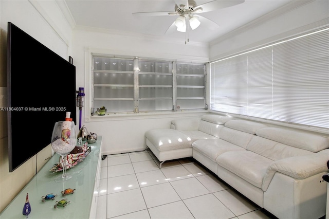12411 SW 12th St, Davie, FL 33325 - tiled living room with a ceiling fan and ornamental molding