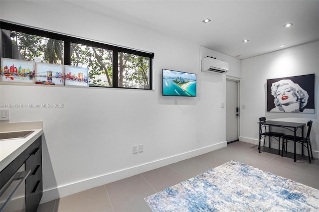 1024 Lenox Ave Unit 8, Miami Beach, FL 33139 - interior space featuring a wall mounted air conditioner, light tile patterned flooring, and recessed lighting