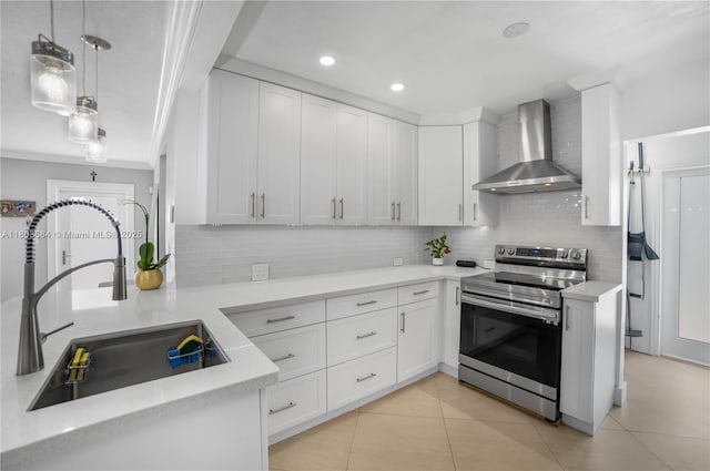 4301 SW 85th Ave, Miami, FL 33155 - kitchen featuring wall chimney exhaust hood, stainless steel electric stove, a sink, decorative backsplash, and light countertops