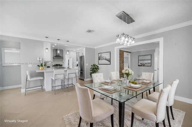 4301 SW 85th Ave, Miami, FL 33155 - dining area featuring crown molding, baseboards, light tile patterned flooring, and a chandelier