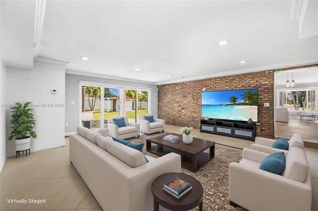 4301 SW 85th Ave, Miami, FL 33155 - living room featuring crown molding, brick wall, recessed lighting, light tile patterned floors, and baseboards