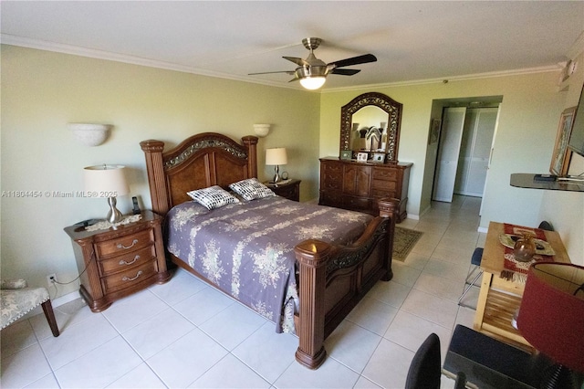 2555 Collins Ave Unit 308, Miami Beach, FL 33140 - bedroom with crown molding, a ceiling fan, light tile patterned floors, and baseboards