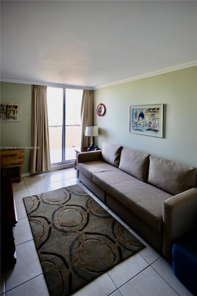 2555 Collins Ave Unit 308, Miami Beach, FL 33140 - living area with light tile patterned floors and ornamental molding