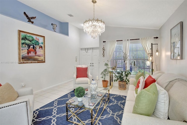living room with tile patterned flooring, a chandelier, lofted ceiling, and baseboards