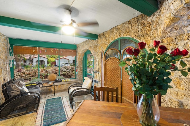 1301 Milan Ave Unit 2, Coral Gables, FL 33134 - dining area with ceiling fan and beam ceiling