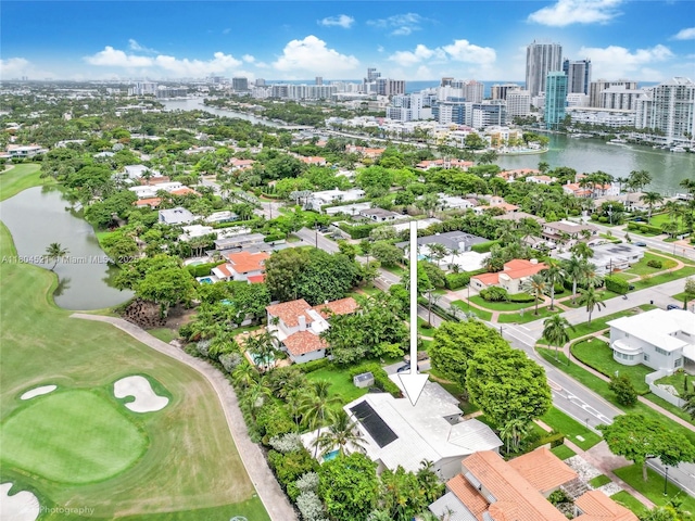 5860 La Gorce Dr, Miami Beach, FL 33140 - aerial perspective of suburban area featuring a nearby body of water, a skyline view, and a golf club