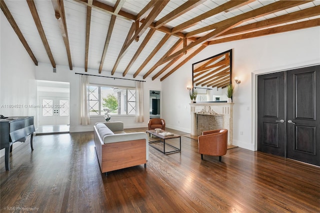 5860 La Gorce Dr, Miami Beach, FL 33140 - living area featuring wood finished floors, beam ceiling, baseboards, a fireplace, and wood ceiling