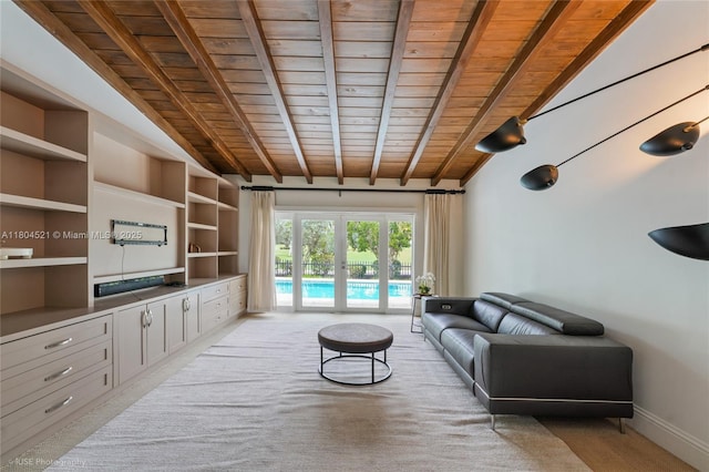5860 La Gorce Dr, Miami Beach, FL 33140 - living area with wood ceiling, built in features, baseboards, and light carpet
