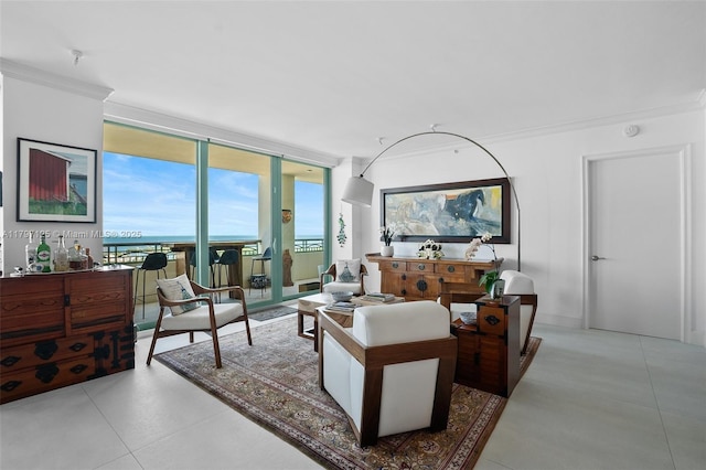 3400 SW 27th Ave Unit 1102, Miami, FL 33133 - living room featuring ornamental molding and a wall of windows