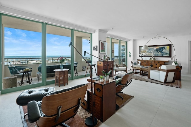 3400 SW 27th Ave Unit 1102, Miami, FL 33133 - living room with floor to ceiling windows, a water view, and ornamental molding