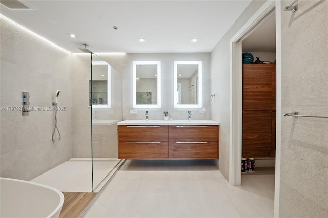3400 SW 27th Ave Unit 1102, Miami, FL 33133 - bathroom with a walk in shower, double vanity, tile patterned flooring, and recessed lighting