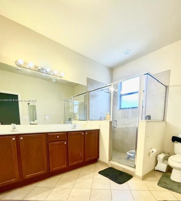 380 NE 37th Ter, Homestead, FL 33033 - full bathroom featuring double vanity, tile patterned flooring, toilet, and a shower stall