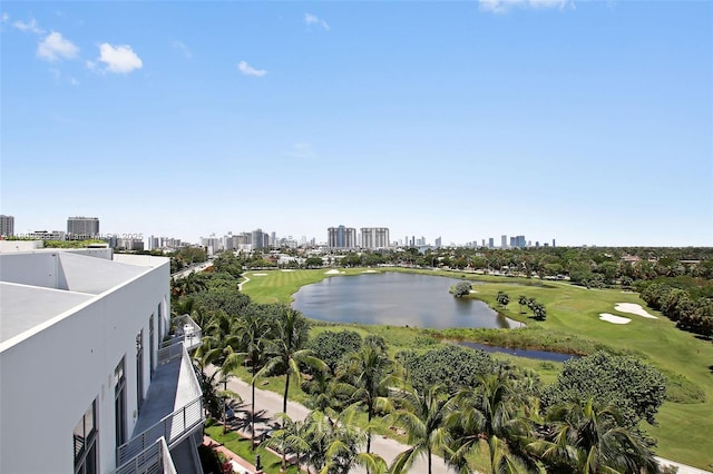 water view with a view of skyline and a local golf course