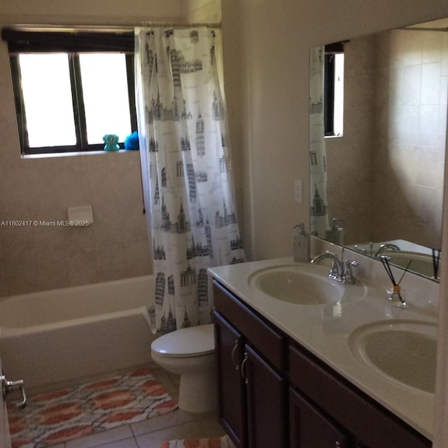 21046 SW 133rd Ct, Miami, FL 33177 - full bath featuring tile patterned flooring, toilet, double vanity, and shower / bath combination with curtain