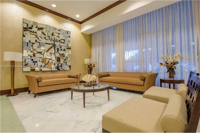 16699 Collins Ave Unit 3601, Sunny Isles Beach, FL 33160 - living area with ornamental molding, baseboards, marble finish floors, and recessed lighting