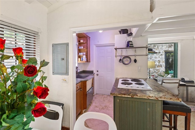 1301 Milan Ave Unit 4, Coral Gables, FL 33134 - kitchen with white electric stovetop, plenty of natural light, a breakfast bar, and electric panel