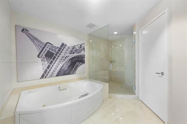 16275 Collins Ave Unit 1202, Sunny Isles Beach, FL 33160 - bathroom featuring a shower stall, a bath, marble finish floors, and recessed lighting
