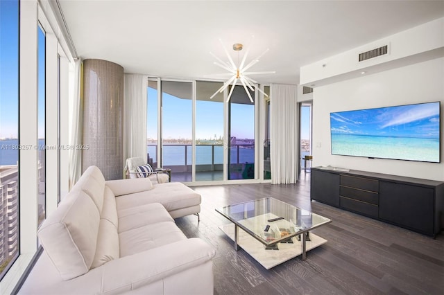 2020 N Bayshore Dr Unit 2001, Miami, FL 33137 - living room with expansive windows, wood finished floors, healthy amount of natural light, and a chandelier