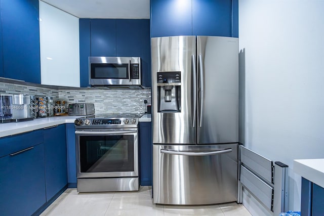 6950 NW 168th St, Hialeah, FL 33015 - kitchen with appliances with stainless steel finishes, blue cabinetry, backsplash, and modern cabinets