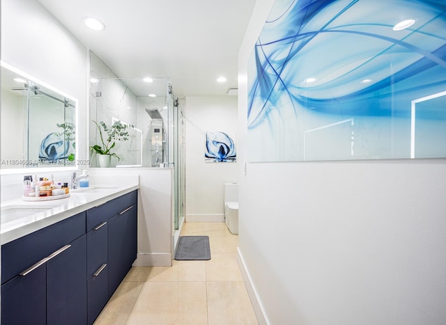 6950 NW 168th St, Hialeah, FL 33015 - full bath with a shower stall, double vanity, tile patterned flooring, and recessed lighting