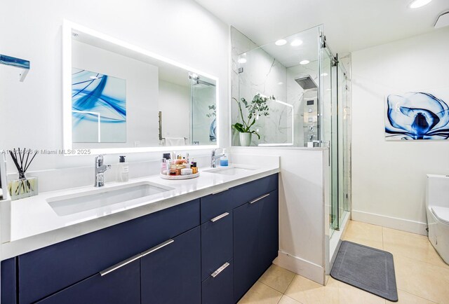 6950 NW 168th St, Hialeah, FL 33015 - full bath featuring double vanity, a shower stall, tile patterned floors, and recessed lighting