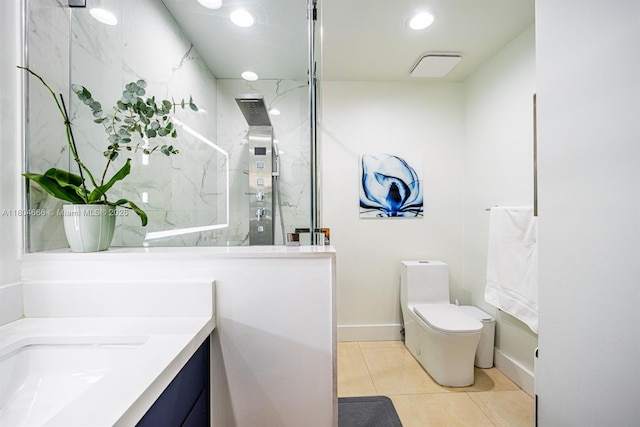 6950 NW 168th St, Hialeah, FL 33015 - bathroom featuring vanity, tile patterned floors, a marble finish shower, and recessed lighting