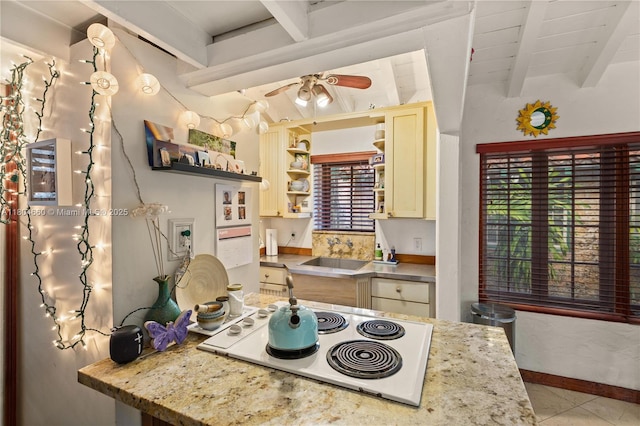 1301 Milan Ave, Villa Coral Gables, FL 33134 - kitchen featuring white electric stovetop, beamed ceiling, open shelves, ceiling fan, and light tile patterned flooring